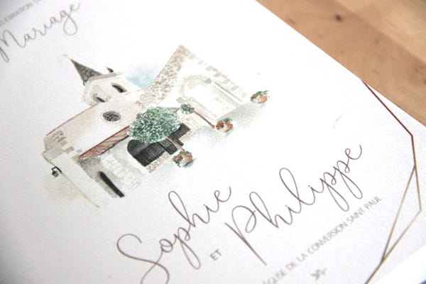 exemple d'illustration de papeterie de mariage-les petits papiers du bonheur illustration aquarelle église pour livret de céremonie les petits papiers du bonheur